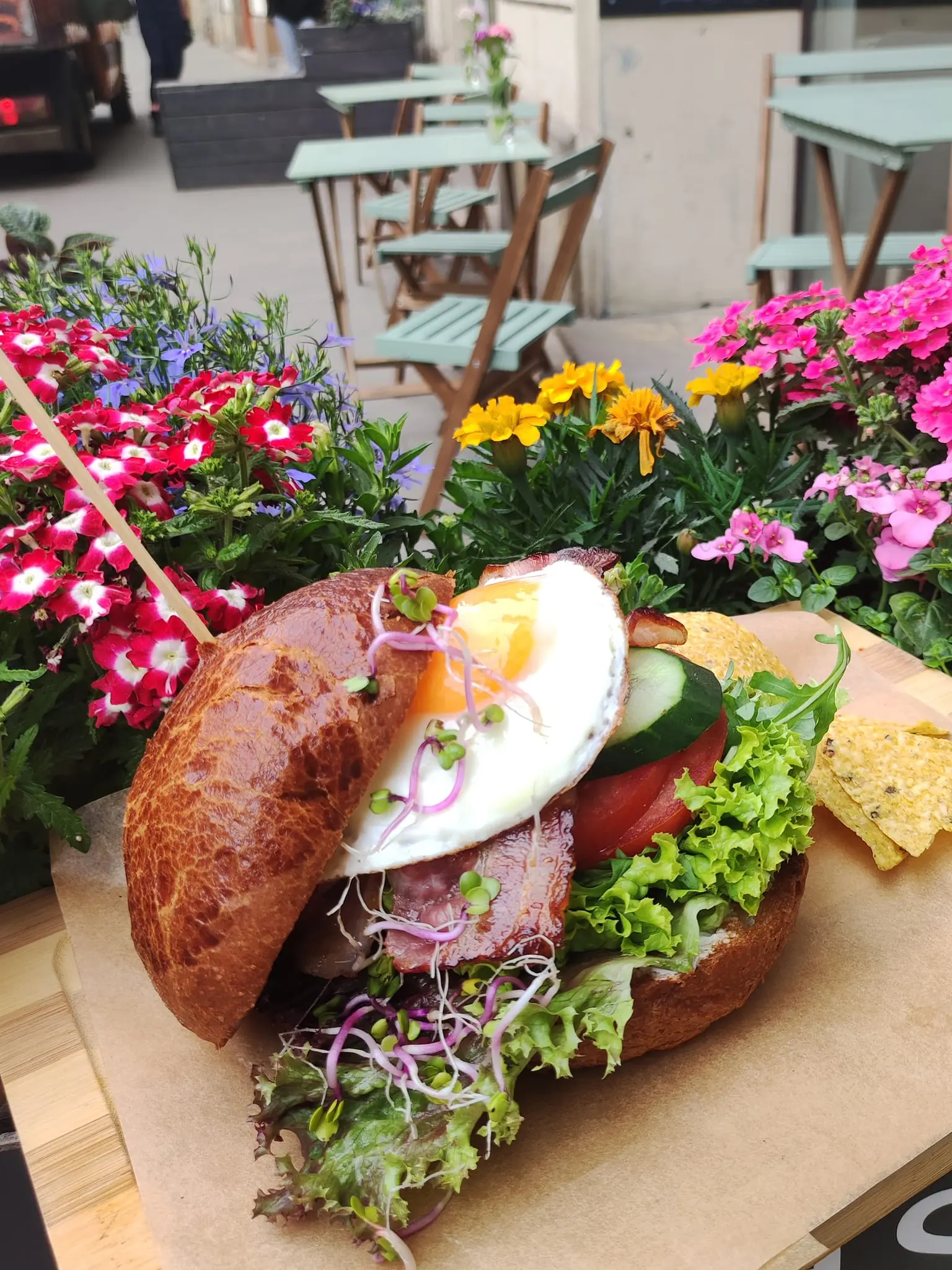 Burger with a fried egg in the Frania Cafe garden, among the flowers
