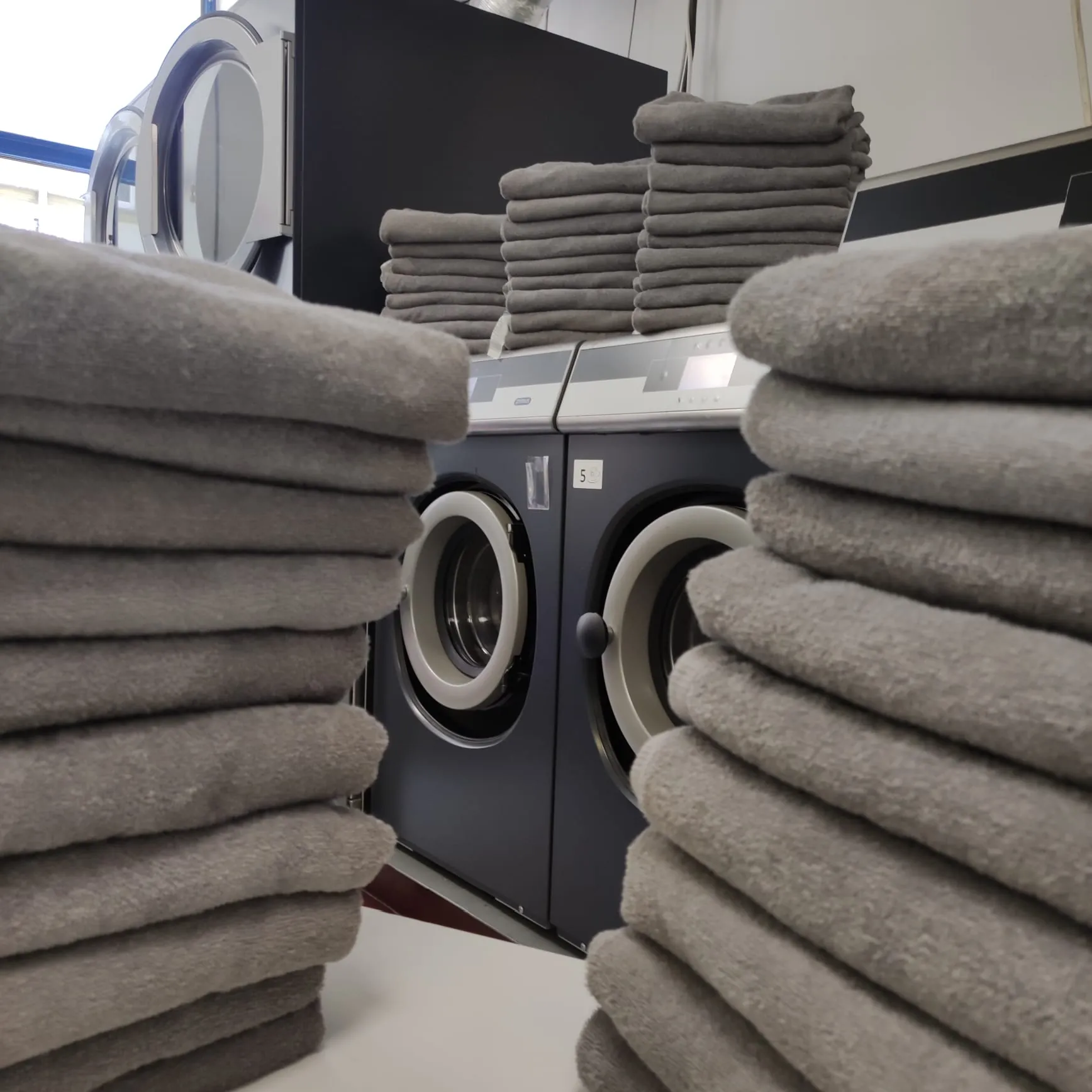 Folded towels in front of the washers at Frania Cafe